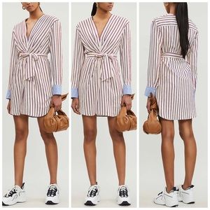 Sandro Paige Belted Gathered Striped Woven Dress NWT Small 4 6 Cream Red Blue